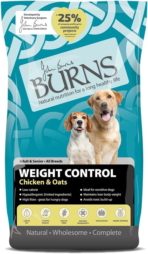 Burns Pet Nutrition Hypoallergenic Complete Dry Dog Food Adult and Senior Dog Weight Control Chicken and Oats 12 kg