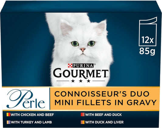 GOURMET Perle Connoisseur's Duo Mini Fillets in Gravy Wet Cat Food 12x85g (Pack of 4)