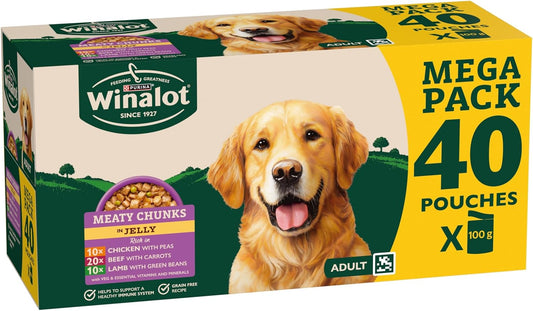 WINALOT Meaty Chunks Adult Wet Dog Food Mixed in Jelly Beef, Chicken, Lamb 40x100g Pouches