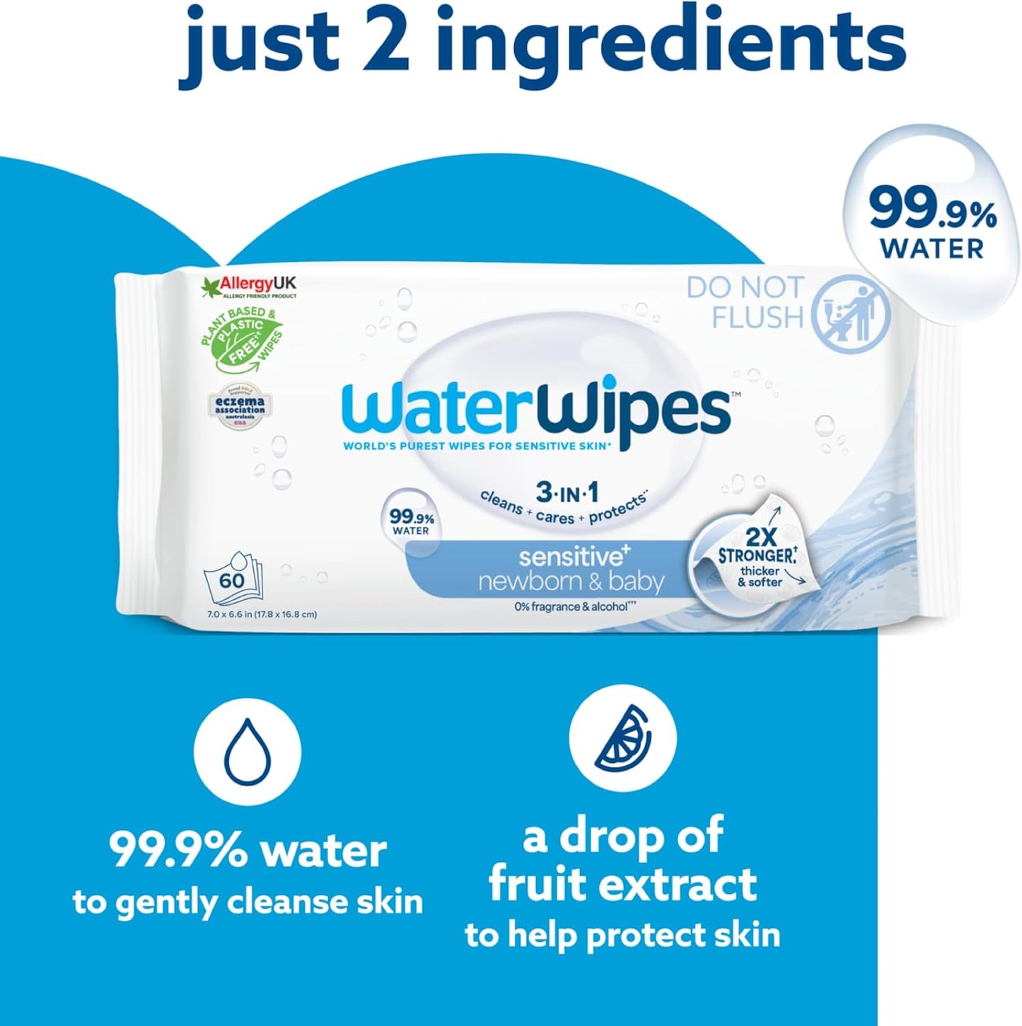 WaterWipes Sensitive+ Newborn & Baby Wipes, 720 Count (12 Packs), 3-In-1 Cleans, Cares, Protects, 99.9% Water, Unscented