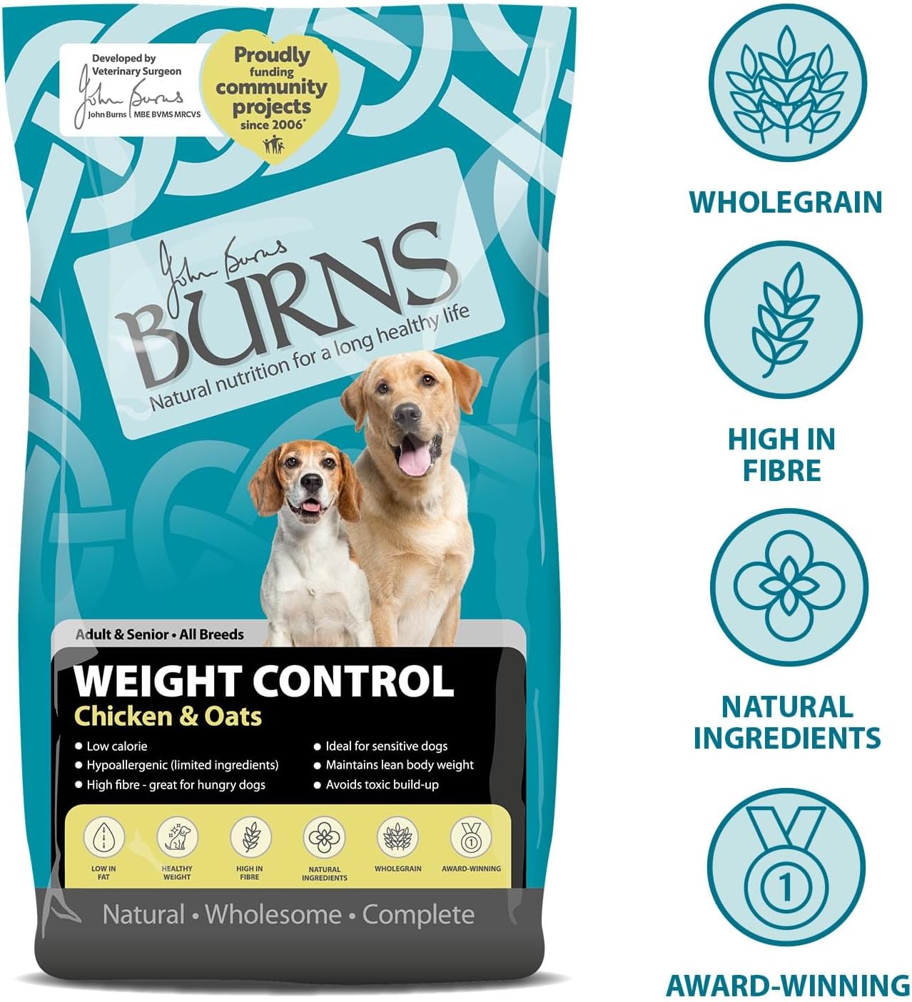 Burns Pet Nutrition Hypoallergenic Complete Dry Dog Food Adult and Senior Dog Weight Control Chicken and Oats 12 kg
