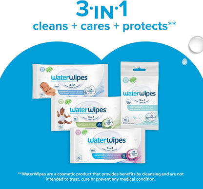 WaterWipes Sensitive+ Newborn & Baby Wipes, 720 Count (12 Packs), 3-In-1 Cleans, Cares, Protects, 99.9% Water, Unscented