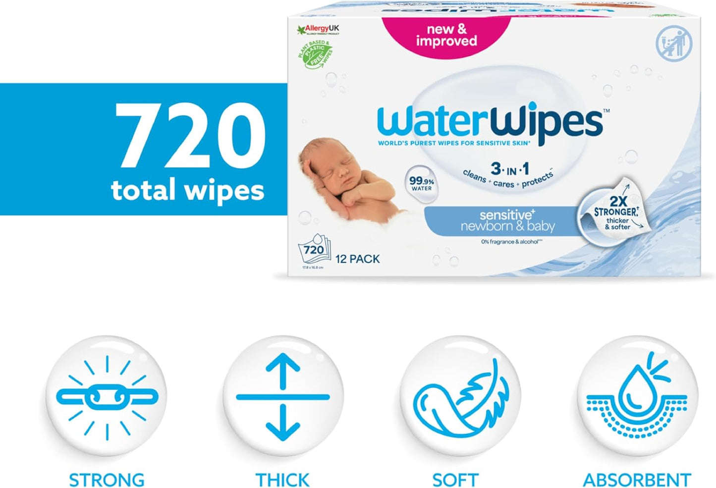 WaterWipes Sensitive+ Newborn & Baby Wipes, 720 Count (12 Packs), 3-In-1 Cleans, Cares, Protects, 99.9% Water, Unscented