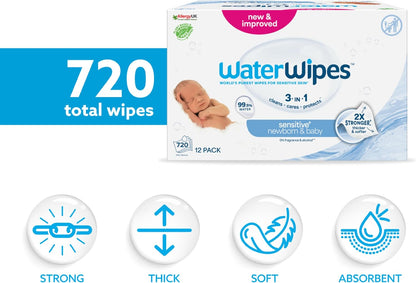 WaterWipes Sensitive+ Newborn & Baby Wipes, 720 Count (12 Packs), 3-In-1 Cleans, Cares, Protects, 99.9% Water, Unscented