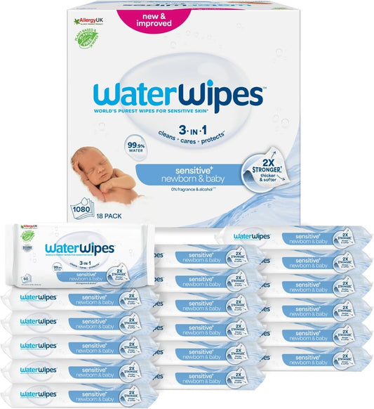 WaterWipes Sensitive+ Newborn & Baby Wipes, 1080 Count (18 Packs), 3-In-1 Cleans, Cares, Protects, 99.9% Water, Unscented