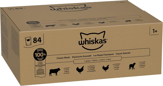 whiskas 1+ Adult Classic Selection in Gravy 84 Pouches, Adult Wet Cat Food, Megapack (84 x 85 g)