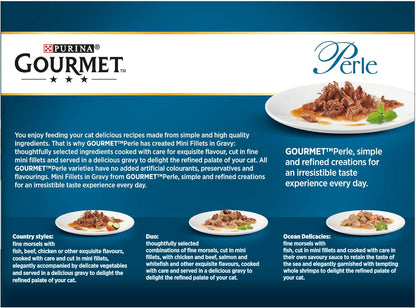 GOURMET Perle Connoisseur's Duo Mini Fillets in Gravy Wet Cat Food 12x85g (Pack of 4)
