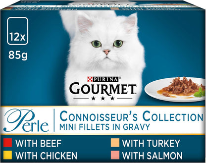 GOURMET Perle Connoisseur's Duo Mini Fillets in Gravy Wet Cat Food 12x85g (Pack of 4)