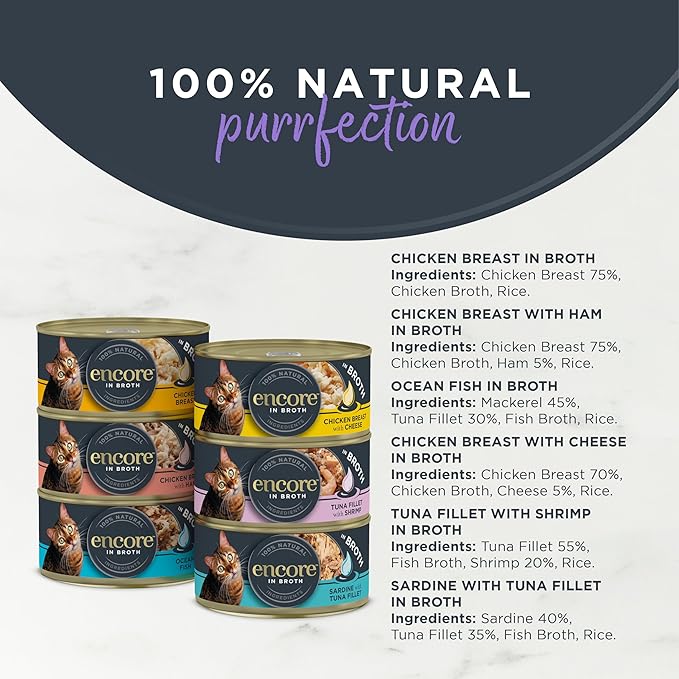 Encore 100 percent Natural Adult Wet Cat Food, Chicken and Fish Selection Bulk Pack in Broth 70 g Tins (Total of 48 Tins)