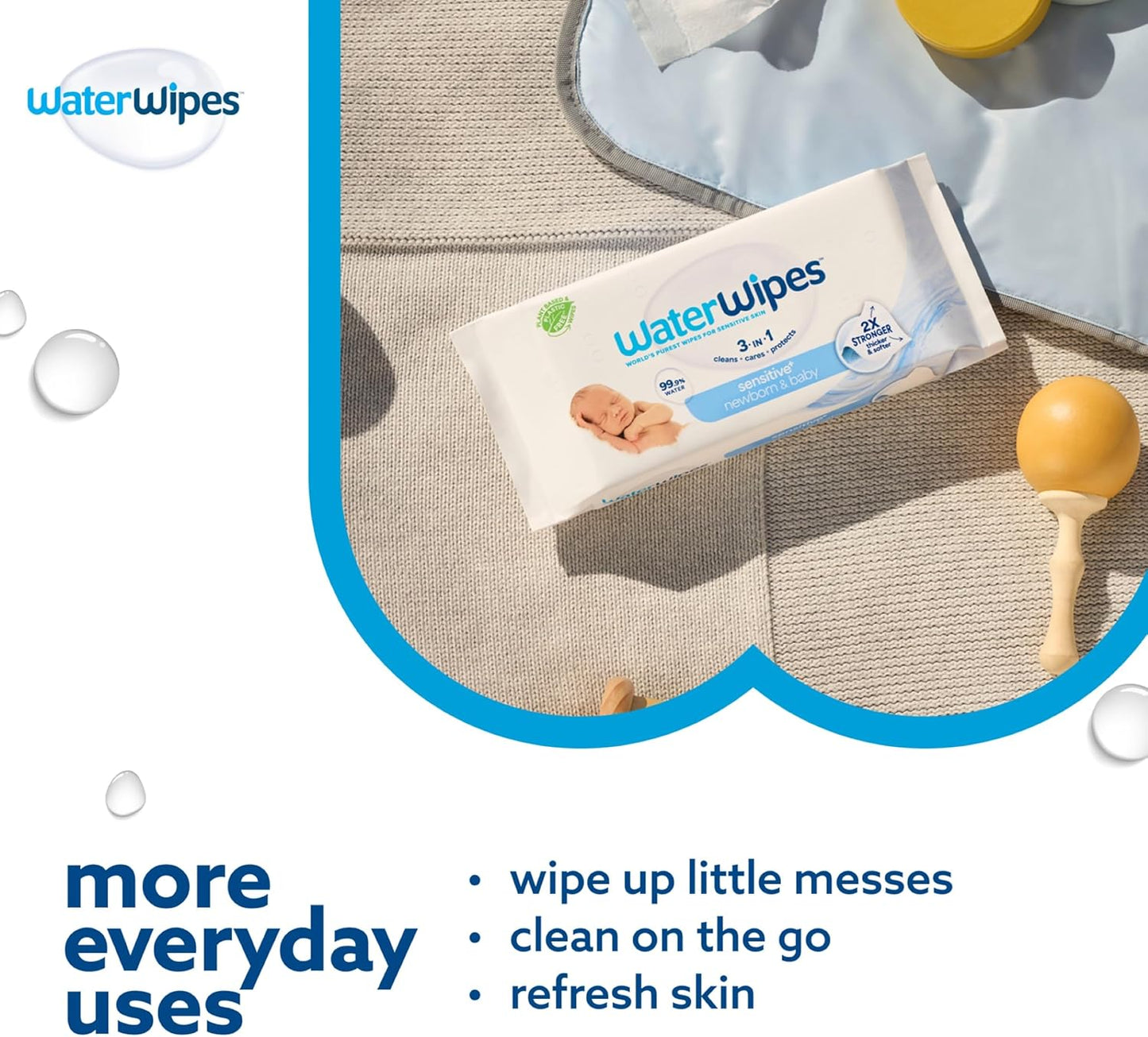 WaterWipes Sensitive+ Newborn & Baby Wipes, 1080 Count (18 Packs), 3-In-1 Cleans, Cares, Protects, 99.9% Water, Unscented