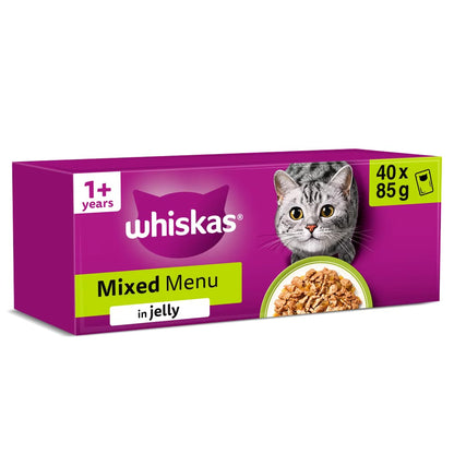 40 X 85G Whiskas 1+ Mixed Menu Mixed Adult Wet Cat Food Pouches in Jelly