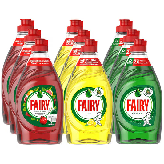 Fairy Washing Up Liquid 9 Pack (320ml Each) – Lemon, Original, Pomegranate & Grapefruit – Strong Grease Cleaning Dish Soap UK