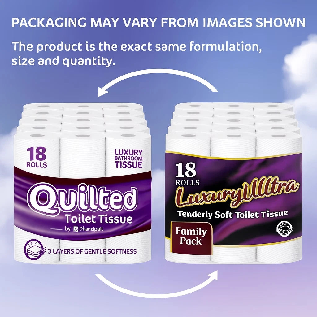 Premium Quilted Toilet Paper 18 Rolls of 3-Ply | Generous Length per Roll | Luxuriously Soft, Strong & Highly Absorbent Toilet Tissue